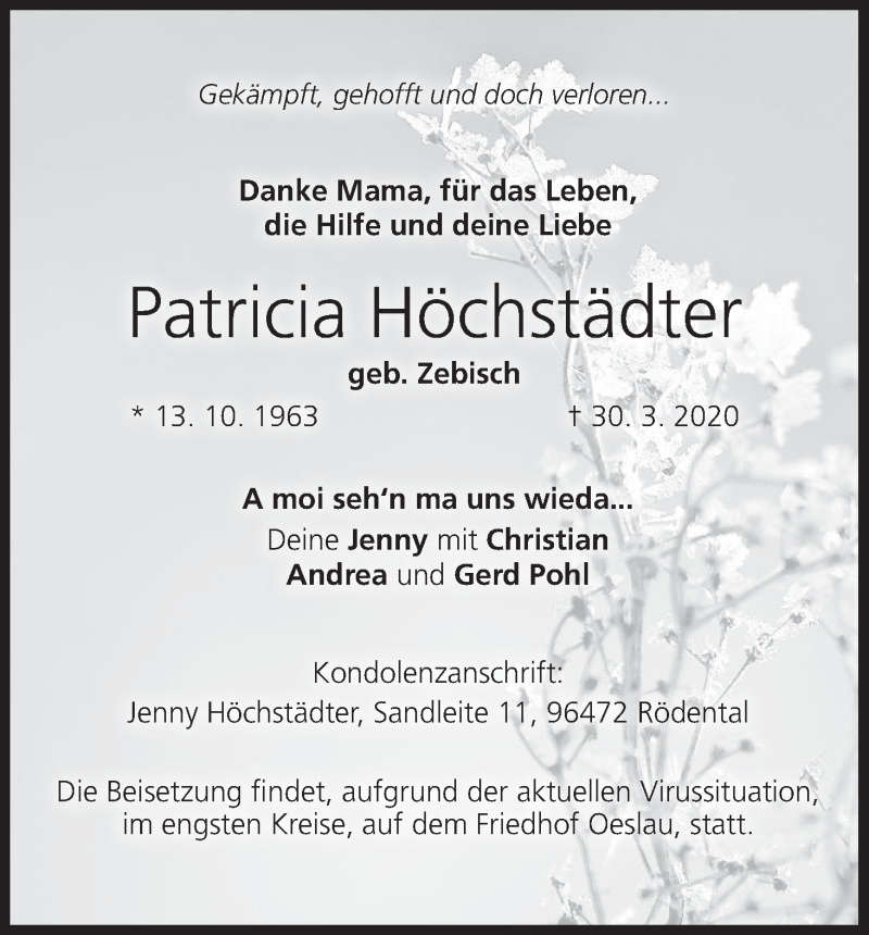  Traueranzeige für Patricia Höchstädter vom 04.04.2020 aus MGO