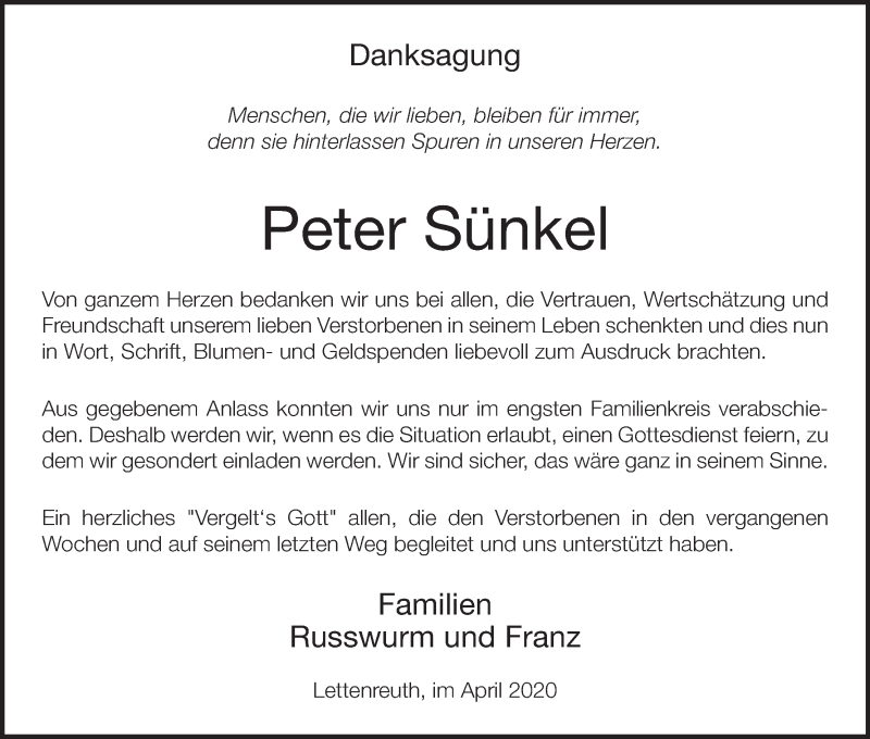  Traueranzeige für Peter Sünkel vom 25.04.2020 aus MGO