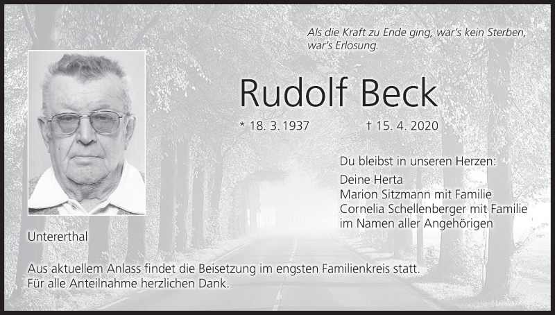  Traueranzeige für Rudolf Beck vom 17.04.2020 aus MGO