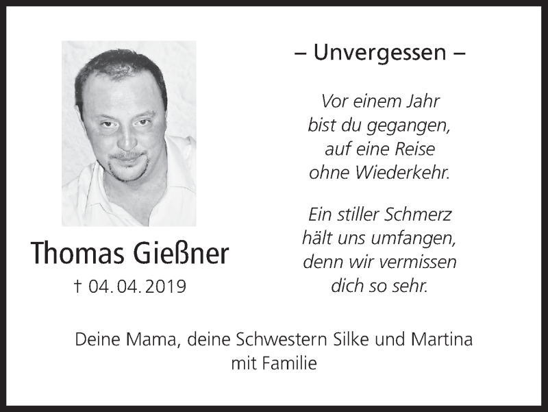  Traueranzeige für Thomas Gießner vom 04.04.2020 aus MGO