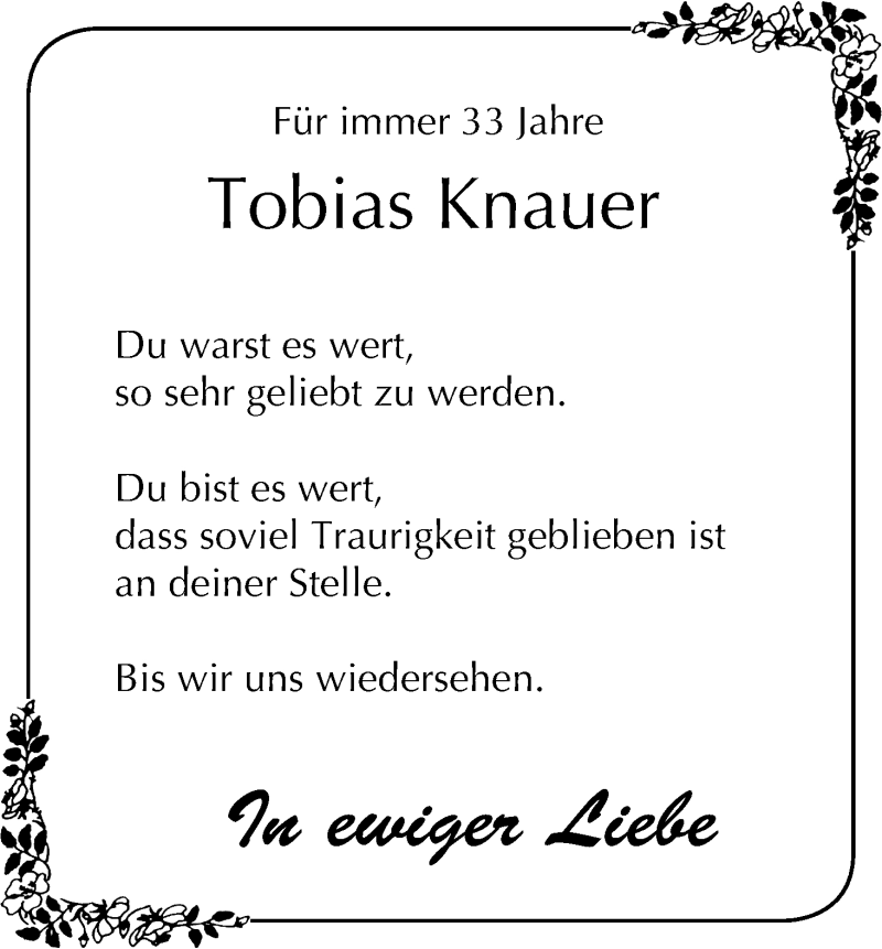  Traueranzeige für Tobias Knauer vom 02.04.2020 aus MGO