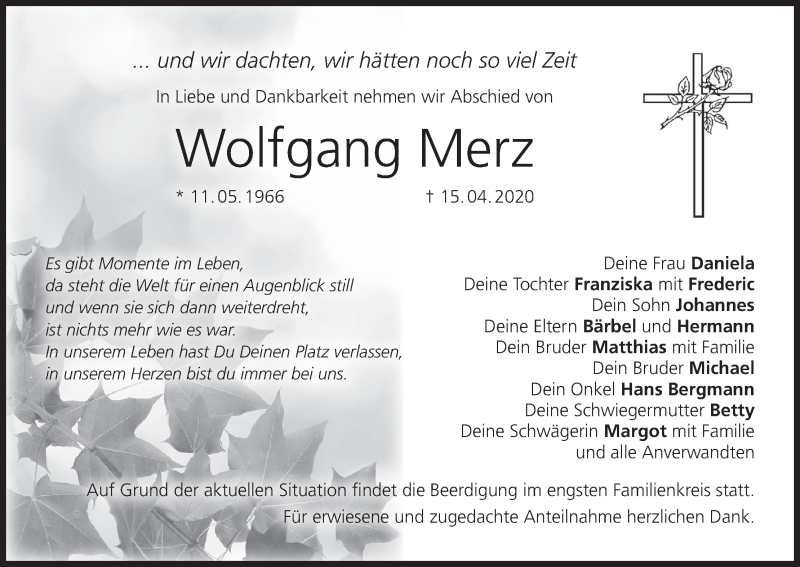  Traueranzeige für Wolfgang Merz vom 20.04.2020 aus MGO