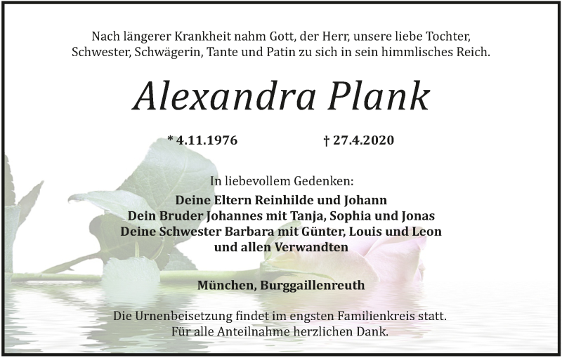  Traueranzeige für Alexandra Plank vom 08.05.2020 aus MGO