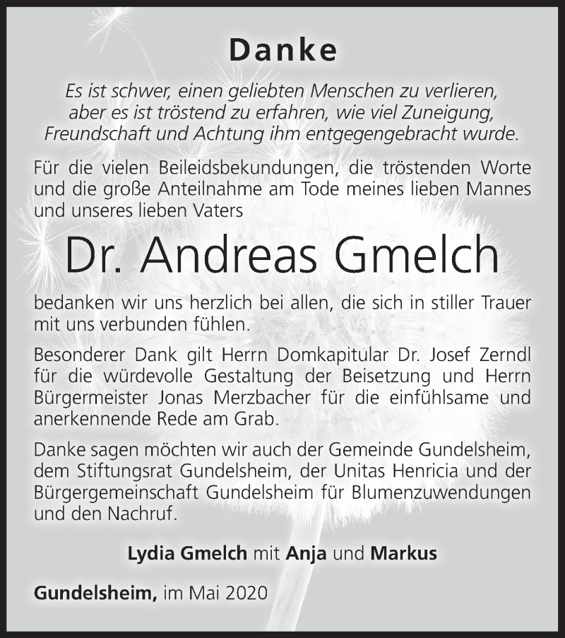  Traueranzeige für Andreas Gmelch vom 01.05.2020 aus MGO