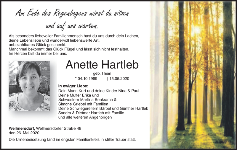  Traueranzeige für Anette Hartleb vom 26.05.2020 aus MGO
