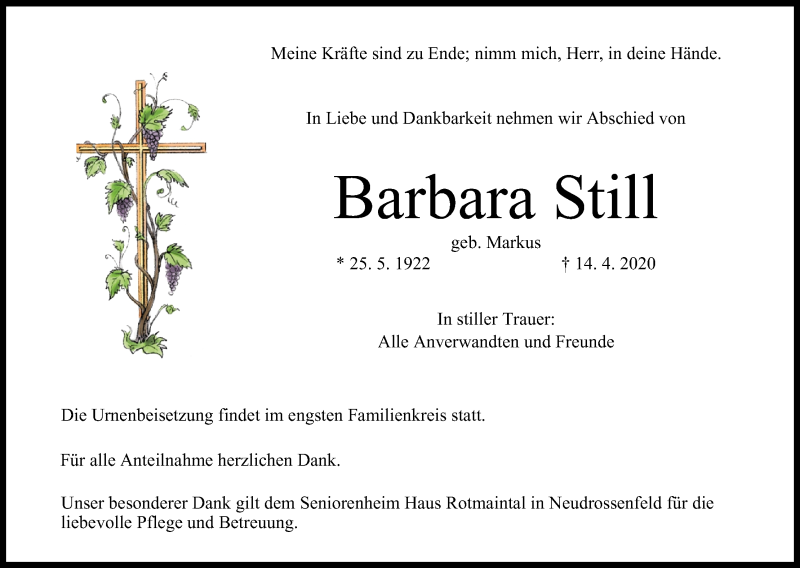  Traueranzeige für Barbara Still vom 16.05.2020 aus MGO