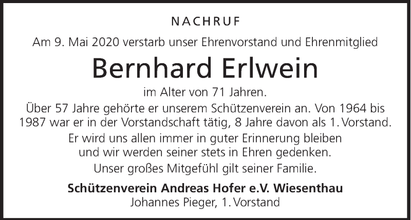  Traueranzeige für Bernhard Erlwein vom 13.05.2020 aus MGO