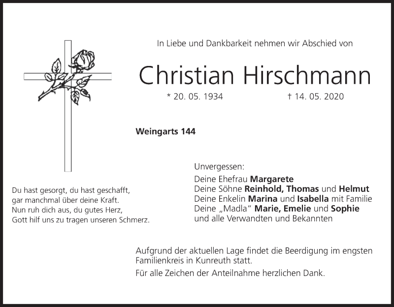  Traueranzeige für Christian Hirschmann vom 16.05.2020 aus MGO