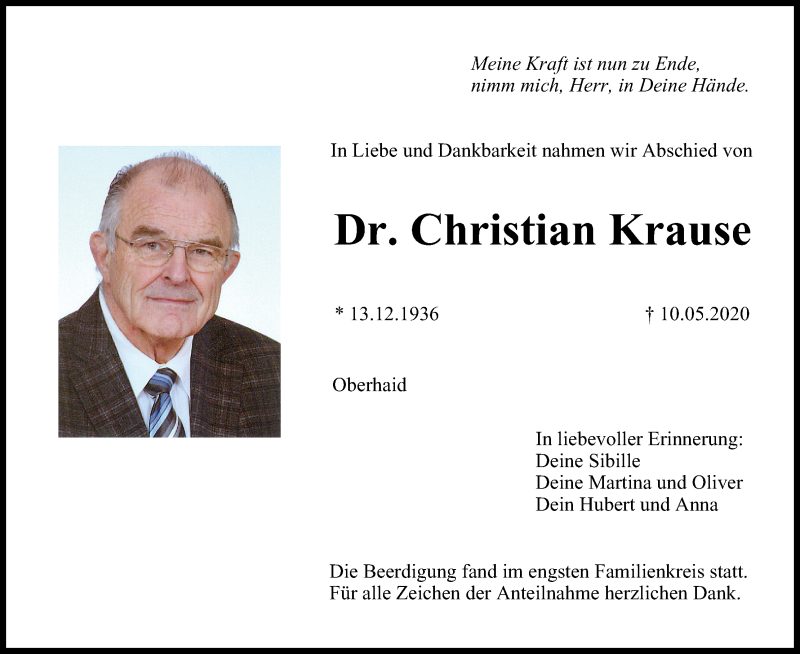  Traueranzeige für Christian Krause vom 16.05.2020 aus MGO