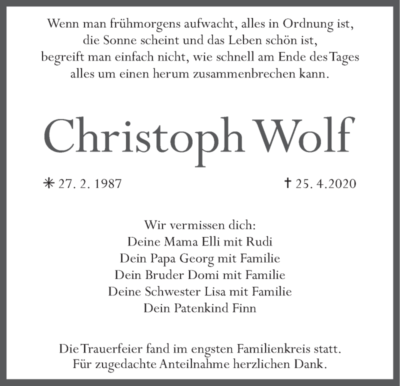  Traueranzeige für Christoph Wolf vom 16.05.2020 aus MGO
