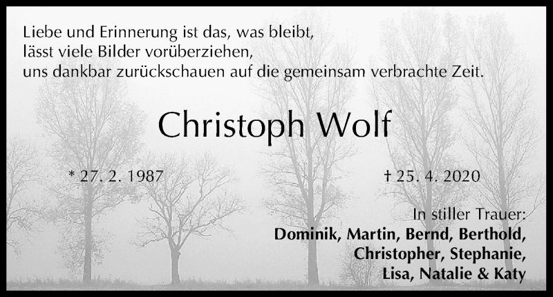  Traueranzeige für Christoph Wolf vom 15.05.2020 aus MGO