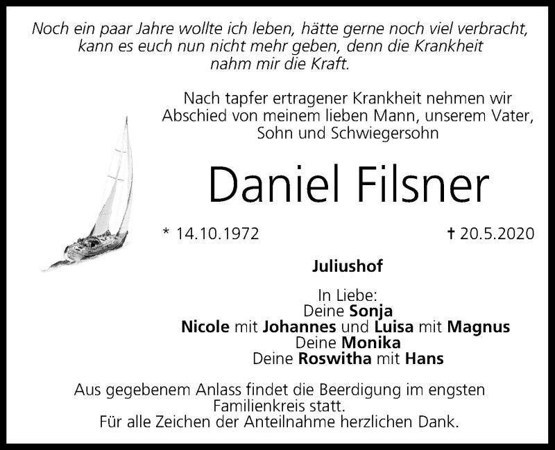  Traueranzeige für Daniel Filsner vom 23.05.2020 aus MGO