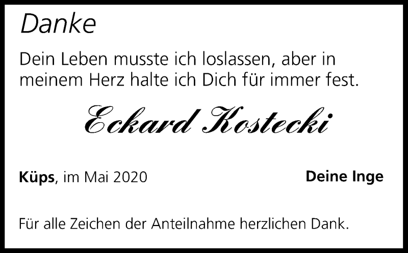  Traueranzeige für Eckard Kostecki vom 30.05.2020 aus MGO