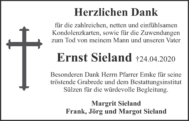  Traueranzeige für Ernst Sieland vom 12.05.2020 aus MGO