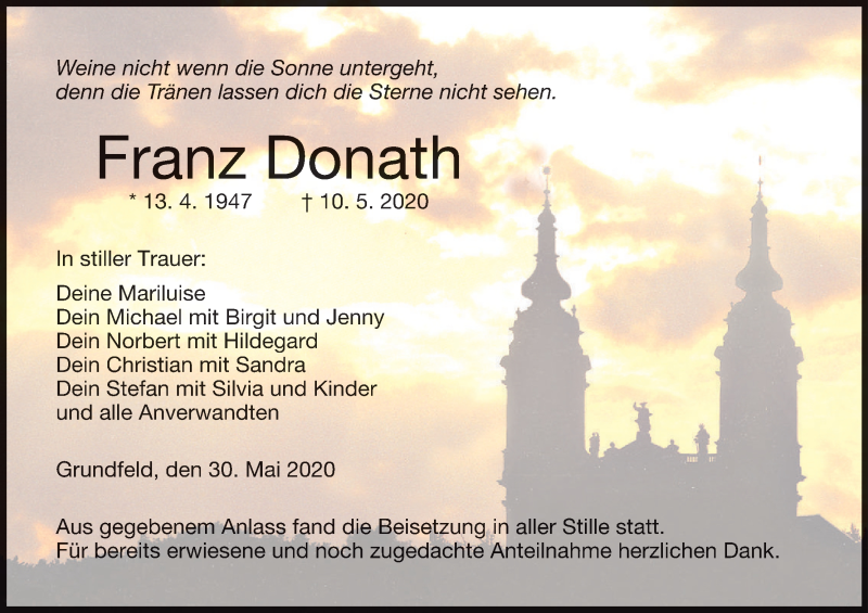  Traueranzeige für Franz Donath vom 30.05.2020 aus MGO