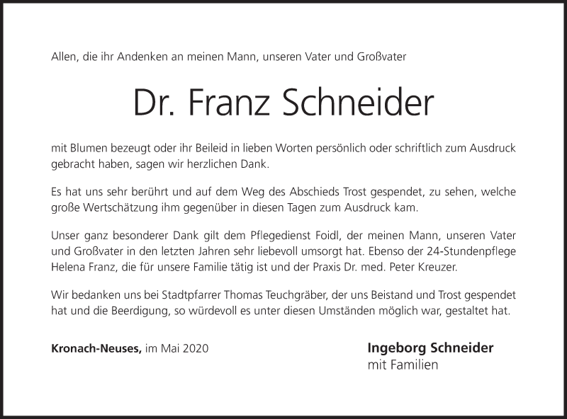  Traueranzeige für Franz Schneider vom 09.05.2020 aus MGO