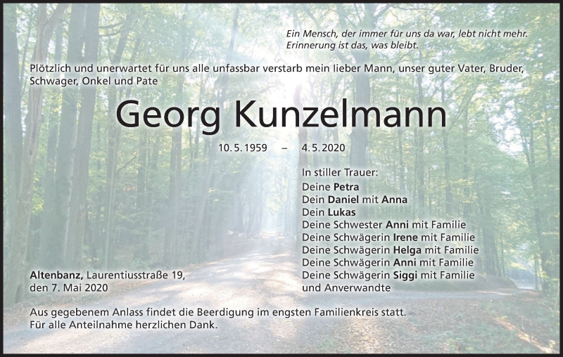  Traueranzeige für Georg Kunzelmann vom 07.05.2020 aus MGO