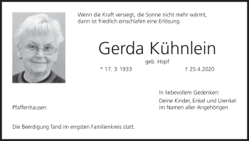Anzeige von Gerda Kühnlein von MGO