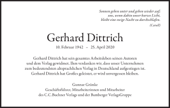 Traueranzeige von Gerhard Dittrich