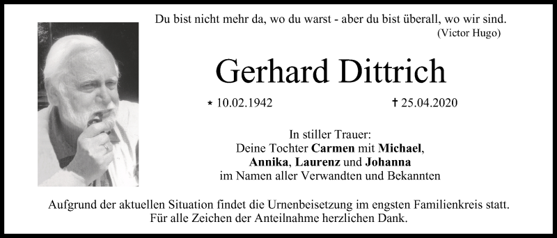  Traueranzeige für Gerhard Dittrich vom 01.05.2020 aus MGO