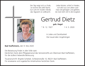 Anzeige von Gertrud Dietz von MGO