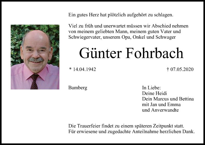  Traueranzeige für Günter Fohrbach vom 16.05.2020 aus MGO