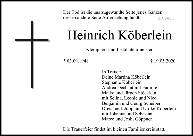  Traueranzeige für Heinrich Köberlein vom 23.05.2020 aus MGO