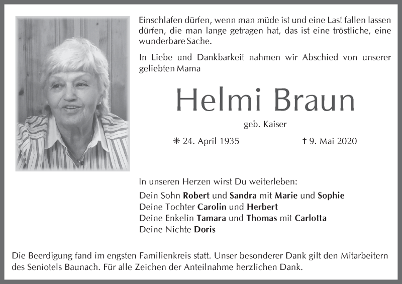  Traueranzeige für Helmi Braun vom 16.05.2020 aus MGO