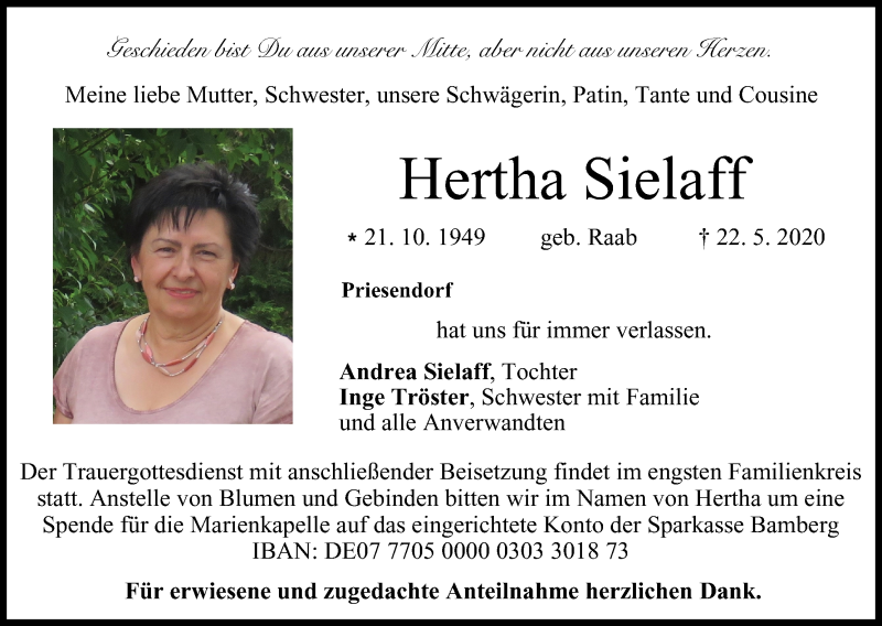  Traueranzeige für Hertha Sielaff vom 26.05.2020 aus MGO