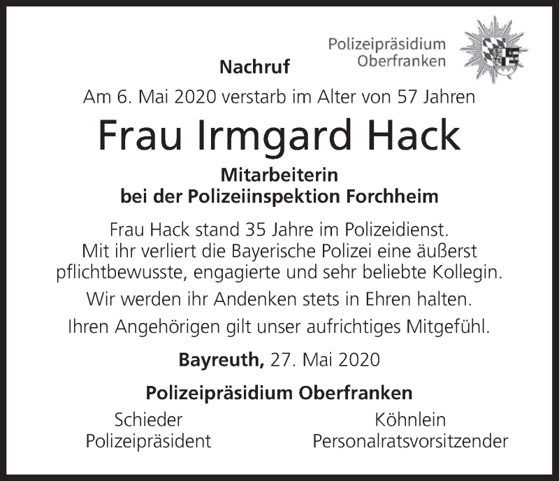  Traueranzeige für Irmgard Hack vom 30.05.2020 aus MGO