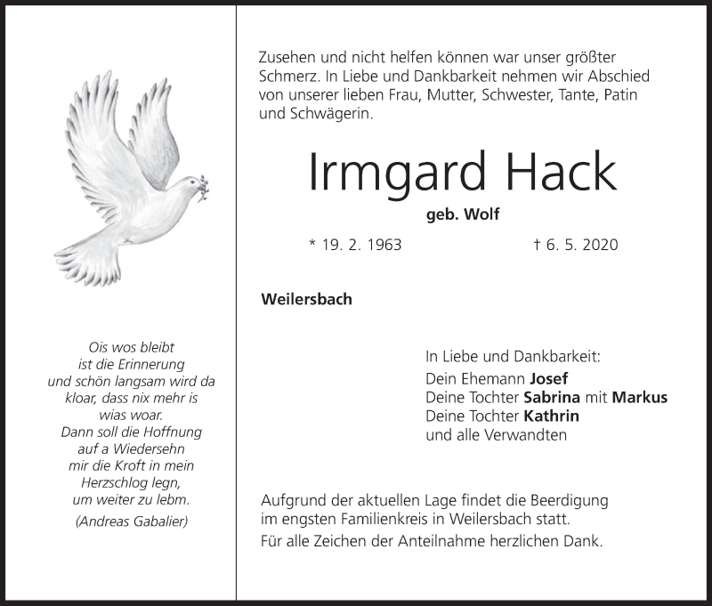  Traueranzeige für Irmgard Hack vom 09.05.2020 aus MGO