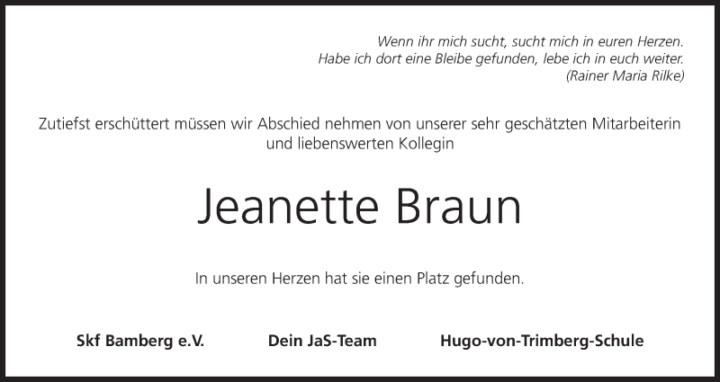  Traueranzeige für Jeanette Braun vom 01.05.2020 aus MGO