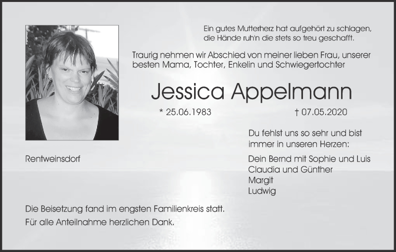  Traueranzeige für Jessica Appelmann vom 16.05.2020 aus MGO