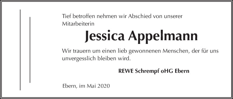  Traueranzeige für Jessica Appelmann vom 16.05.2020 aus MGO