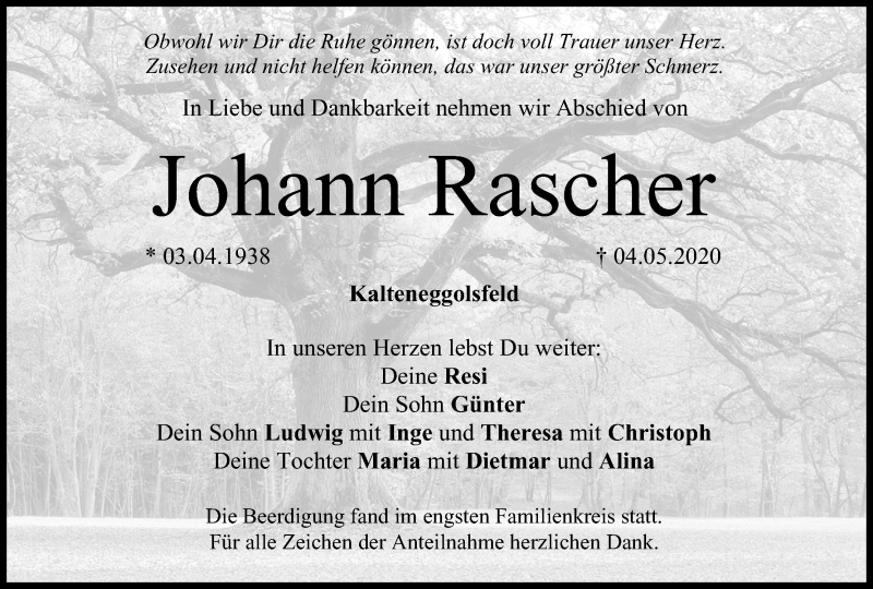  Traueranzeige für Johann Rascher vom 09.05.2020 aus MGO