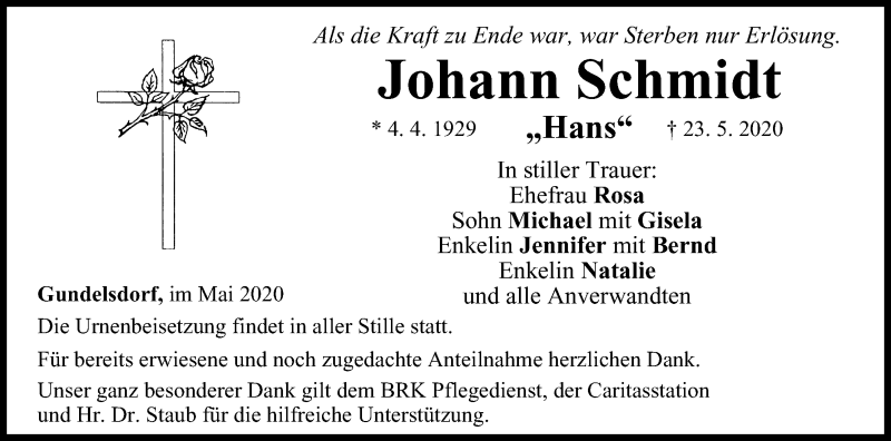  Traueranzeige für Johann Schmidt vom 27.05.2020 aus MGO