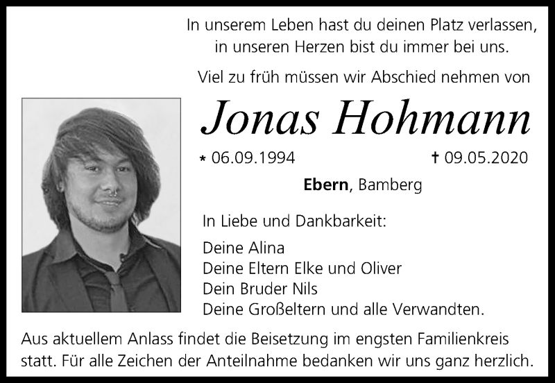  Traueranzeige für Jonas Hohmann vom 13.05.2020 aus MGO