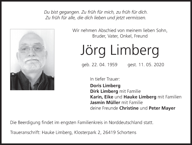 Traueranzeige für Jörg Limberg vom 30.05.2020 aus MGO