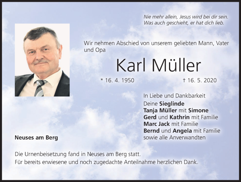  Traueranzeige für Karl Müller vom 30.05.2020 aus MGO
