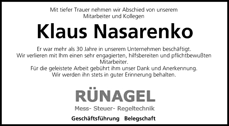  Traueranzeige für Klaus Nasarenko vom 30.05.2020 aus MGO