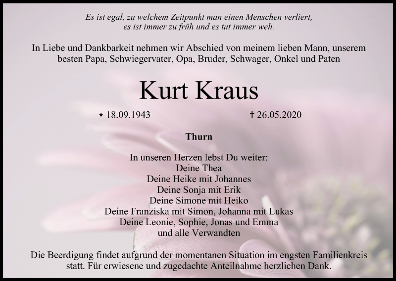 Traueranzeige für Kurt Kraus vom 29.05.2020 aus MGO