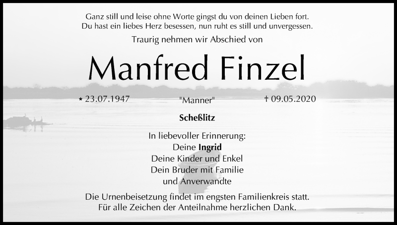  Traueranzeige für Manfred Finzel vom 16.05.2020 aus MGO