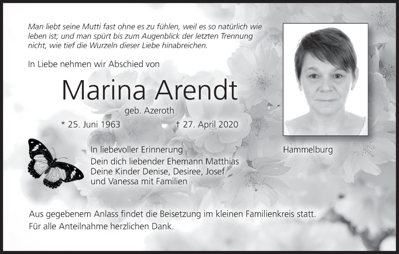  Traueranzeige für Marina Arendt vom 09.05.2020 aus MGO