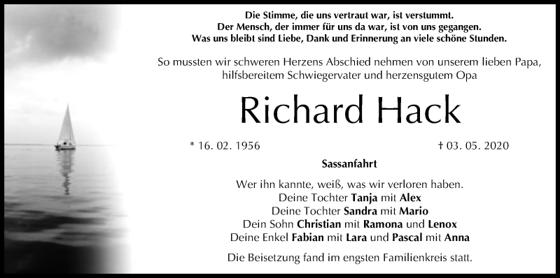  Traueranzeige für Richard Hack vom 09.05.2020 aus MGO