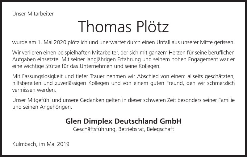  Traueranzeige für Thomas Plötz vom 13.05.2020 aus MGO