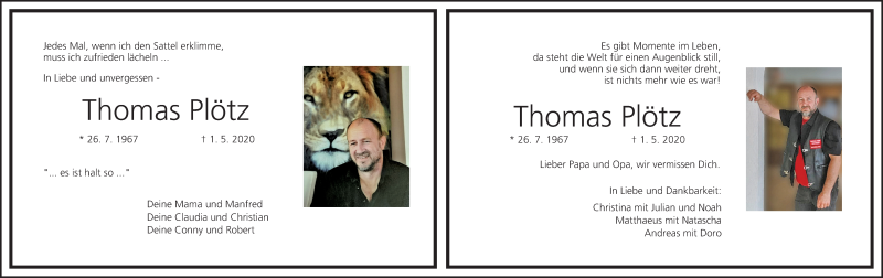  Traueranzeige für Thomas Plötz vom 09.05.2020 aus MGO