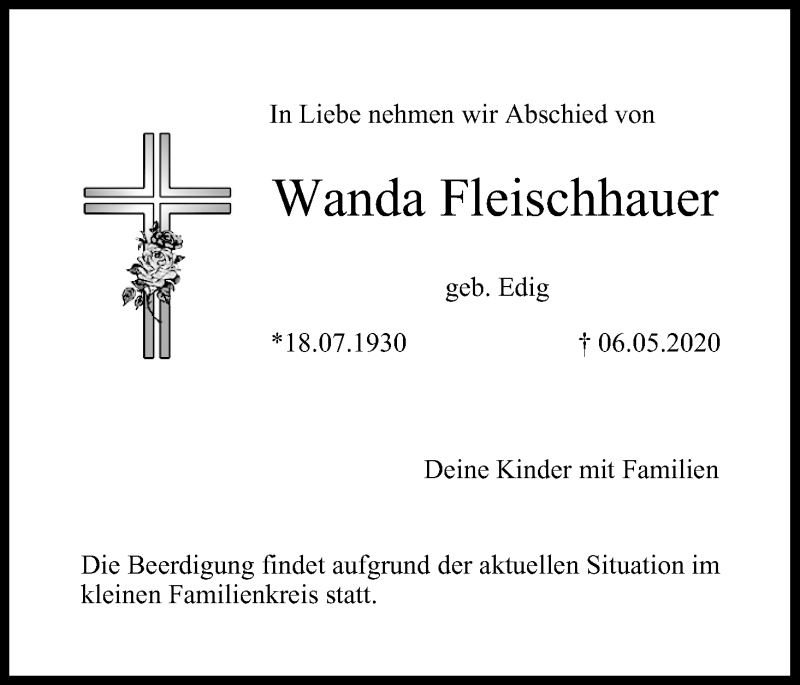  Traueranzeige für Wanda Fleischhauer vom 09.05.2020 aus MGO