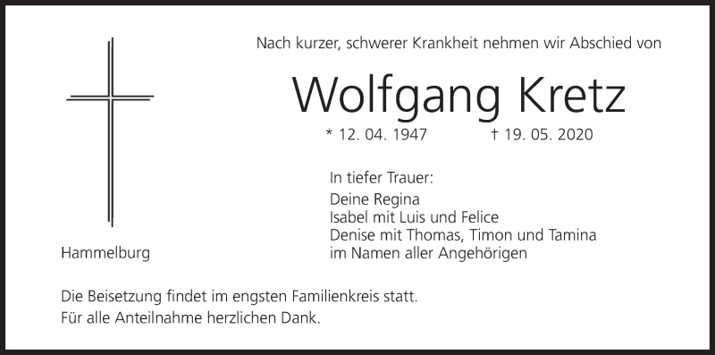  Traueranzeige für Wolfgang Kretz vom 23.05.2020 aus MGO