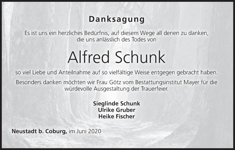  Traueranzeige für Alfred Schunk vom 20.06.2020 aus MGO