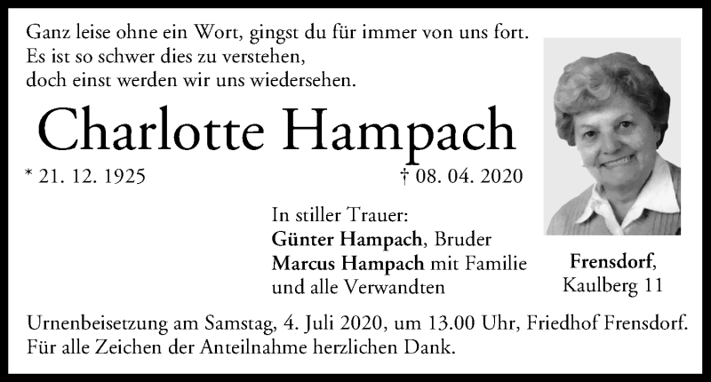  Traueranzeige für Charlotte Hampach vom 27.06.2020 aus MGO